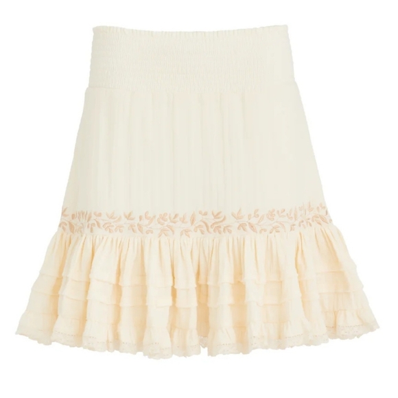 Secret Mission Amie Mini Skirt Embroidered Ruffled Smocked Organic Creme M NWT - Picture 2 of 16